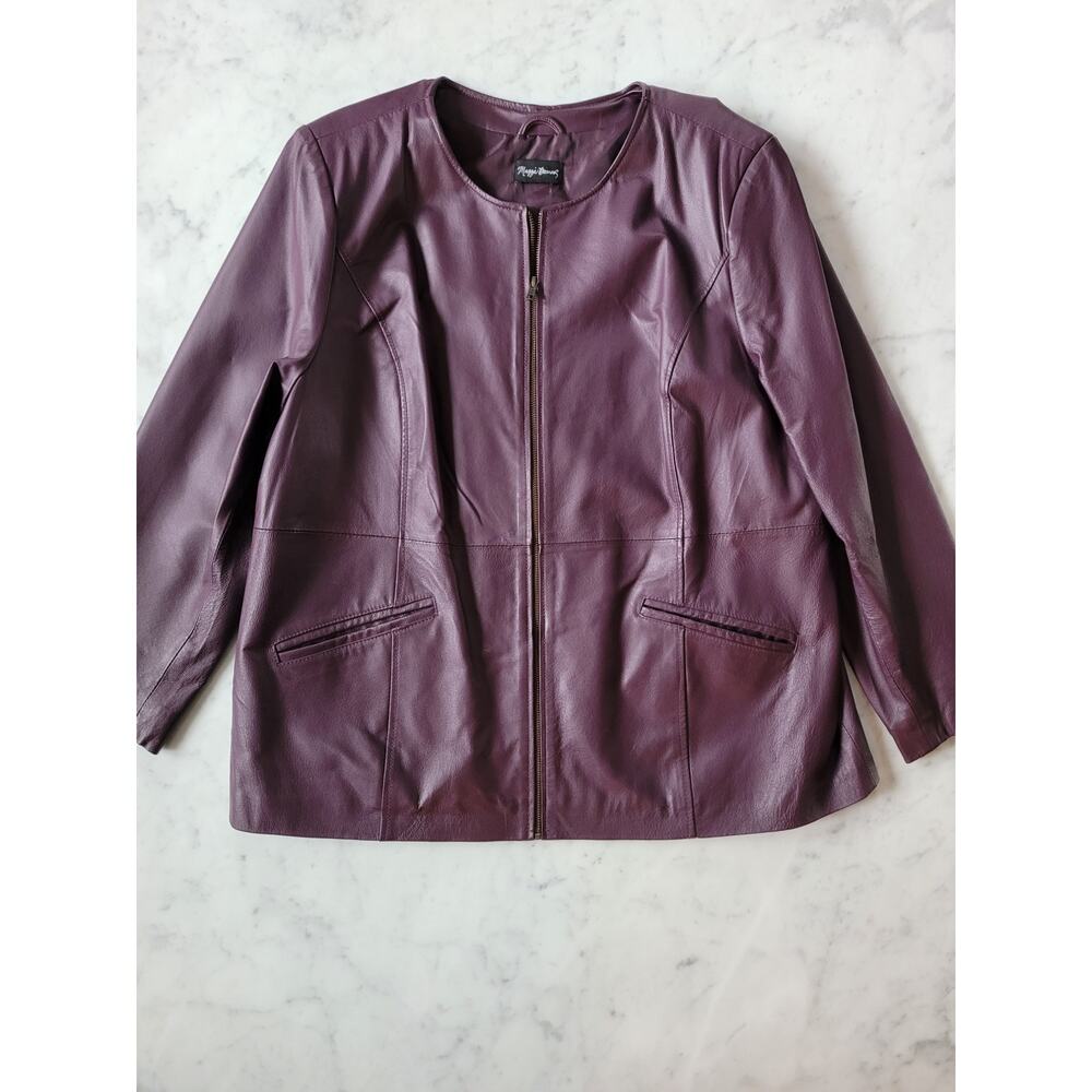 Maggie Barnes Sleek Y2K Collarless Burgundy Plum Leather Jacket